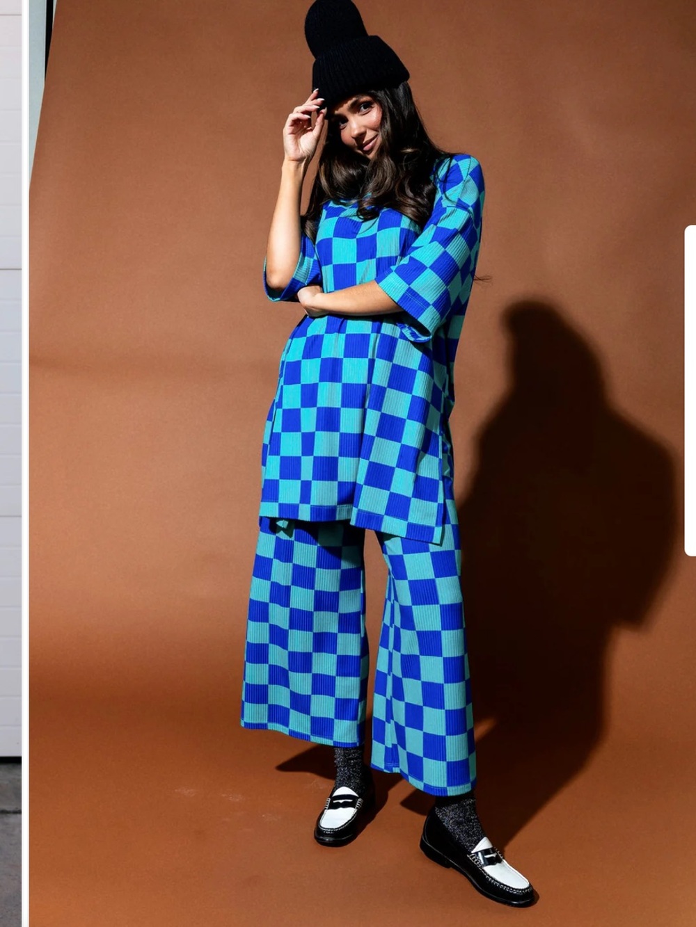 Dressed in LaLa Lex Ribbed Playsuit Teal and Blue Checkered Mermeg